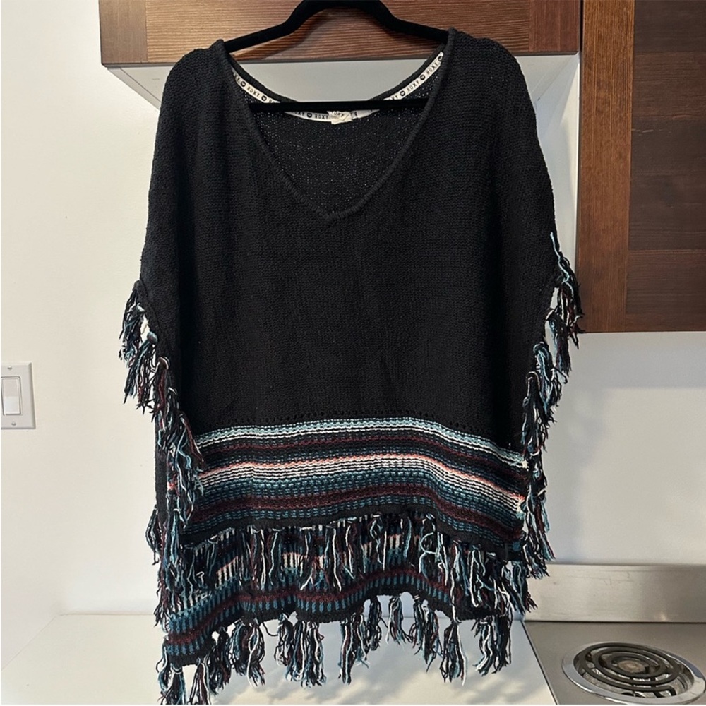 Roxy Black Knit Poncho with Fringe